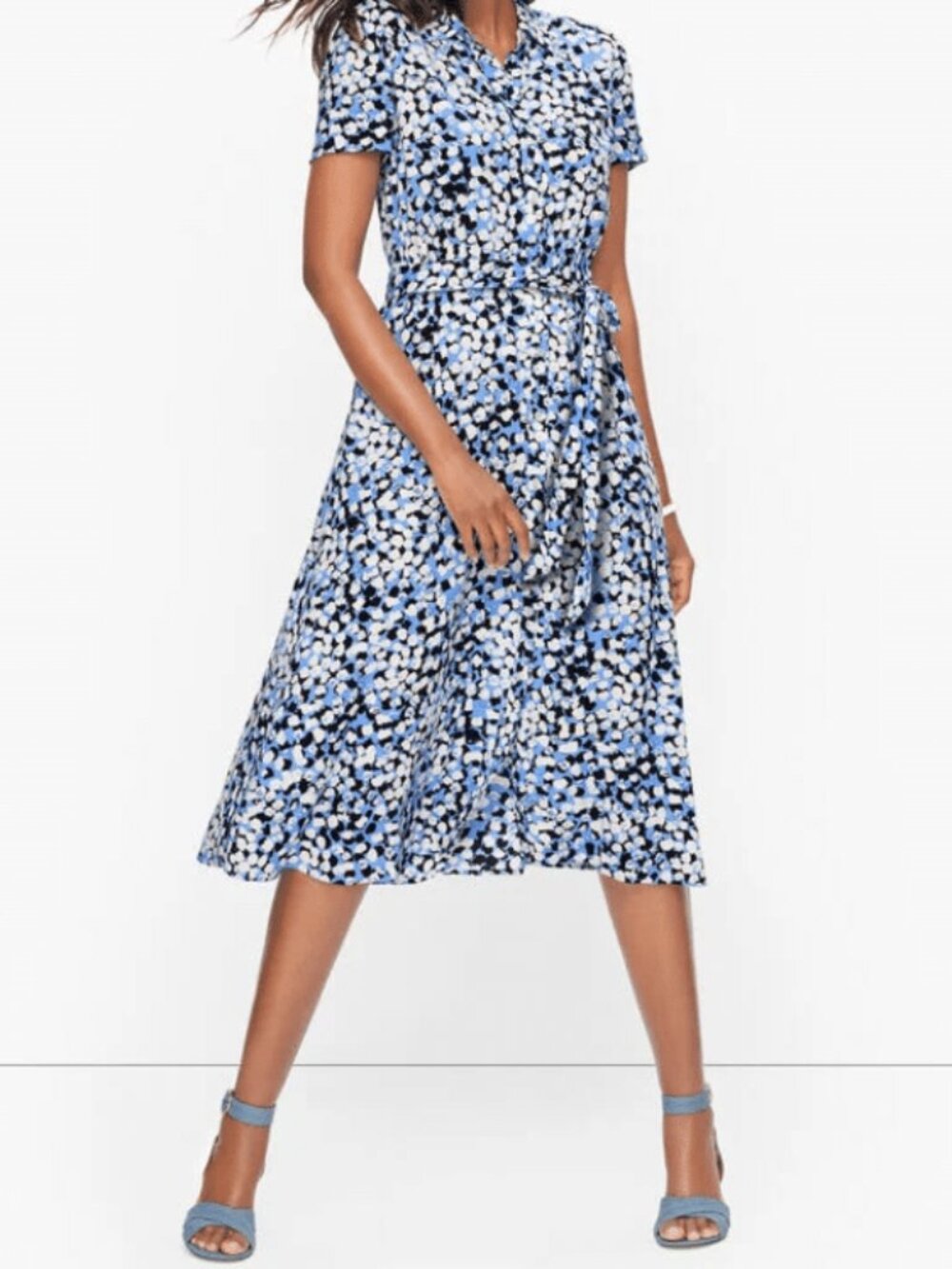 Talbots Short Sleeve Tie Waist Midi Shirt Dress 4 Blue Speckled Abstract
